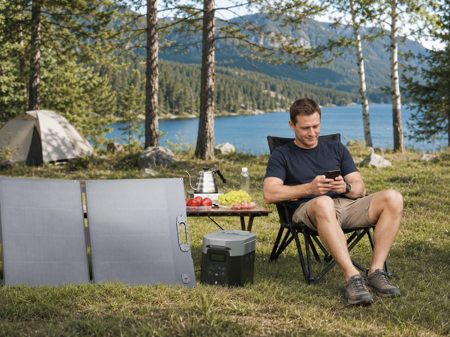 Foldable solar panel and portable power station at a lakeside campsite