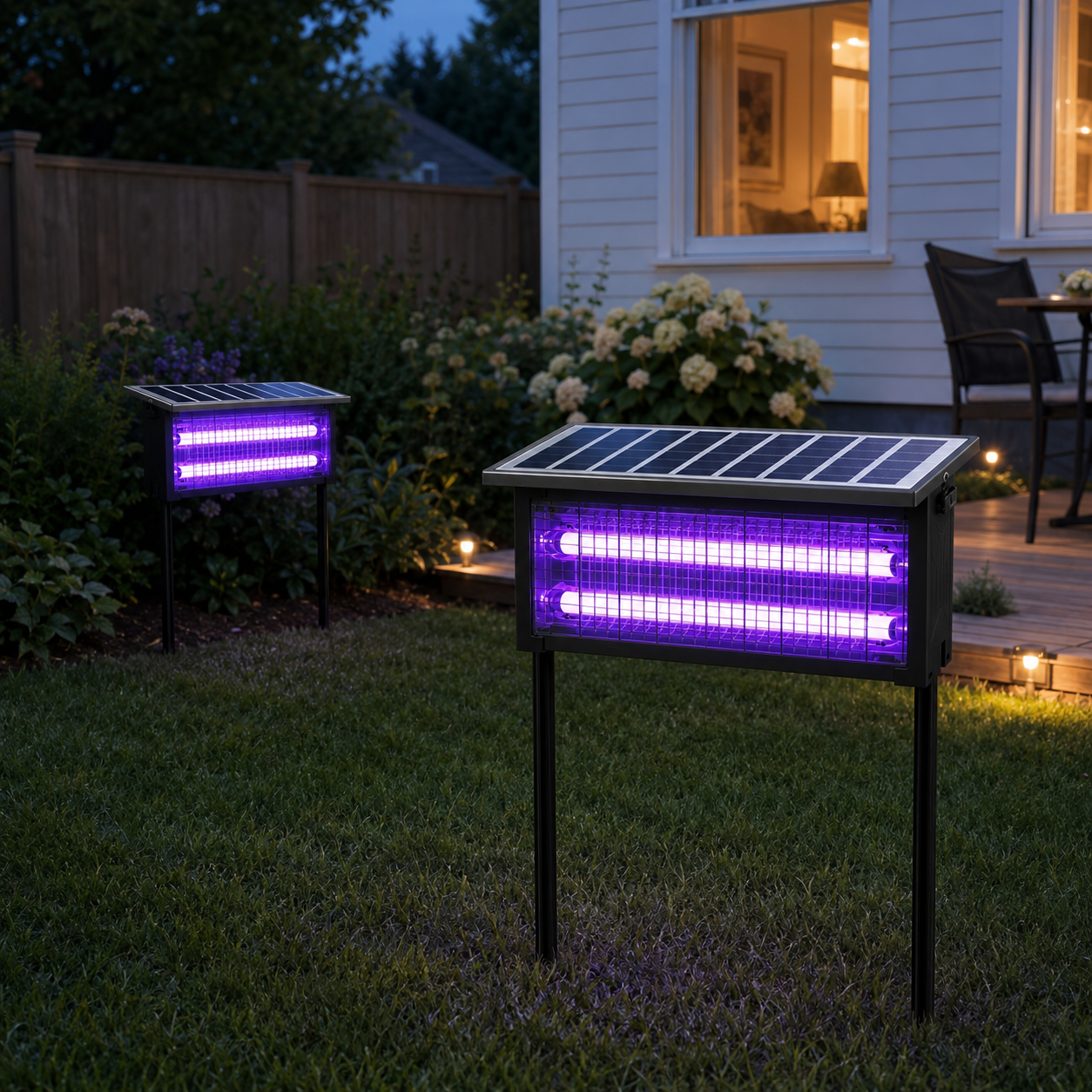 Solar powered outdoor product lighting in a home garden