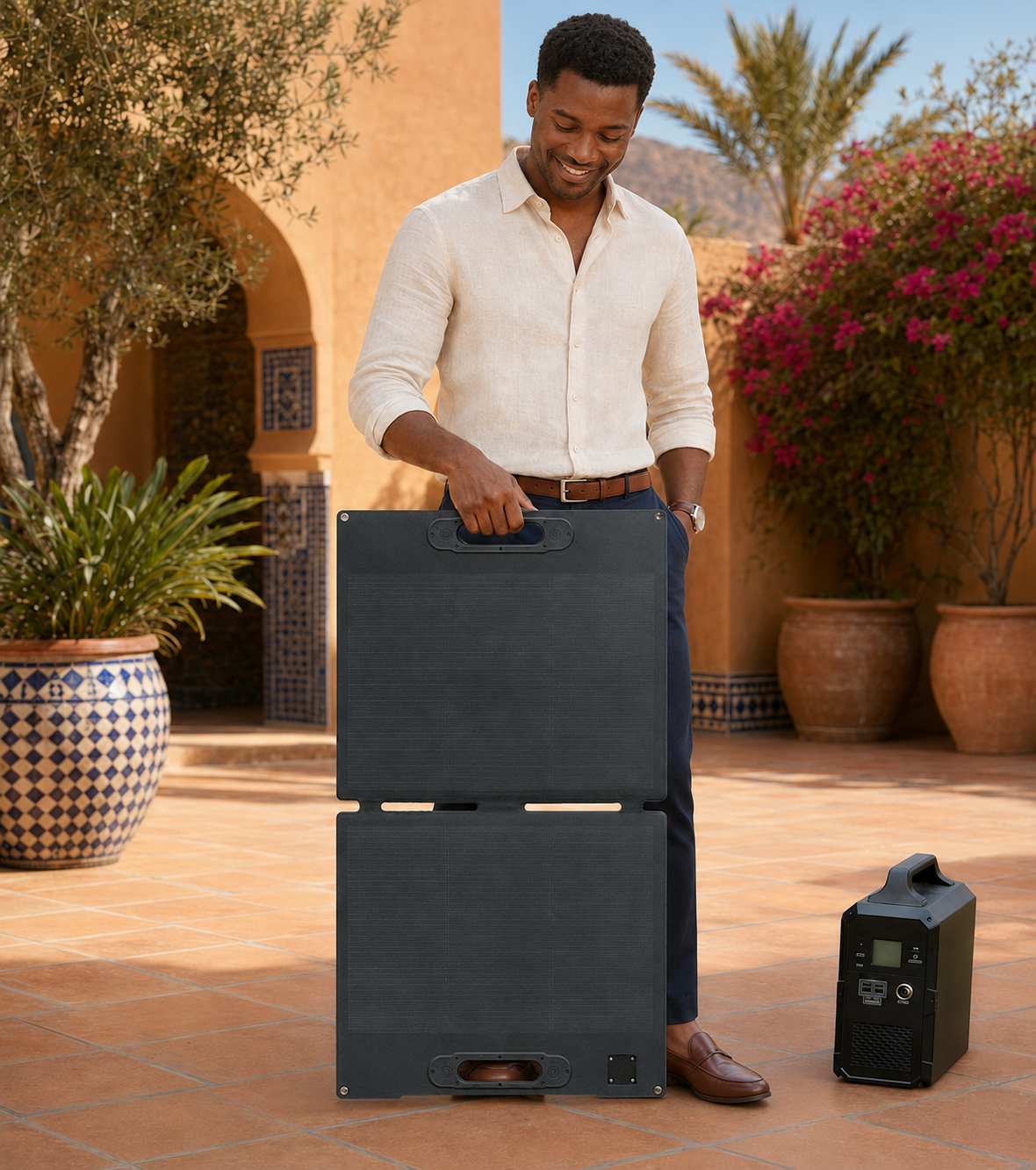 Two-fold portable solar panel beside a compatible portable power station