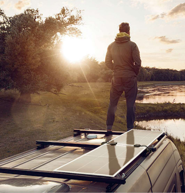 Flexible solar panel mounted on a vehicle roof
