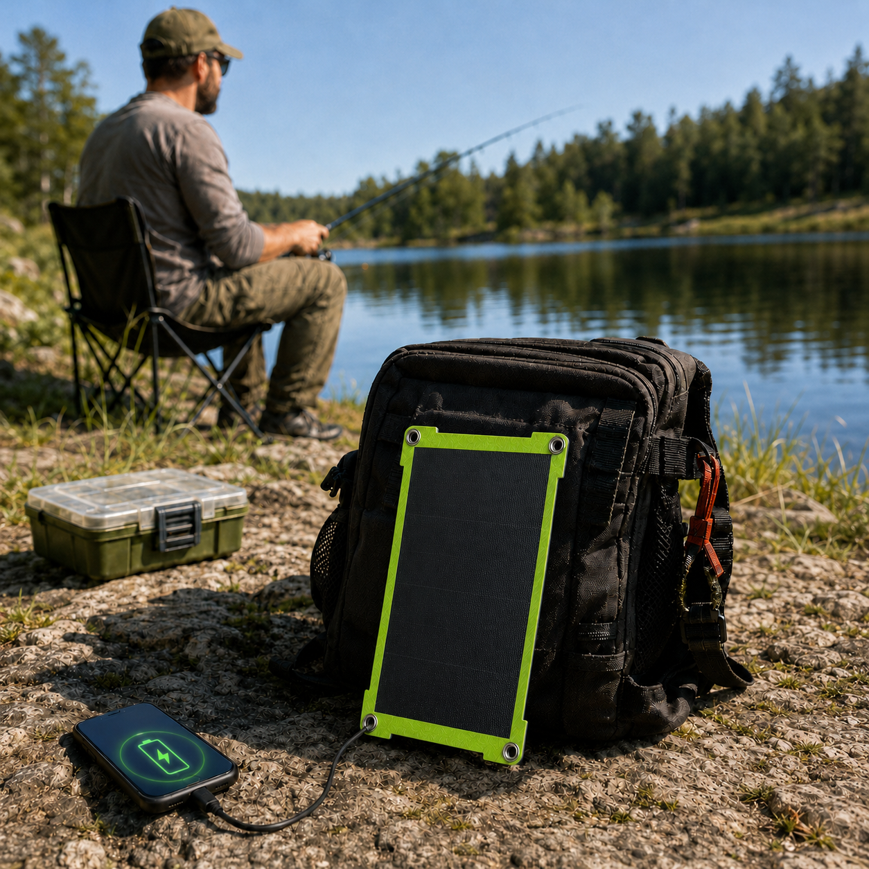 Portable solar panel charging a phone outdoors