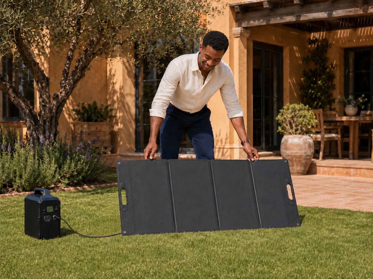 Foldable solar panel charging a portable power station in a courtyard
